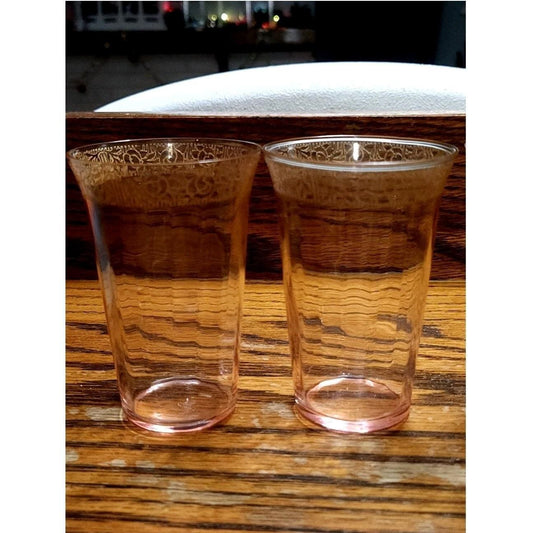 VTG Mid Century Gold Encrusted Juice Glass Set 4 Pink Clear Optic Glass MCM MCM