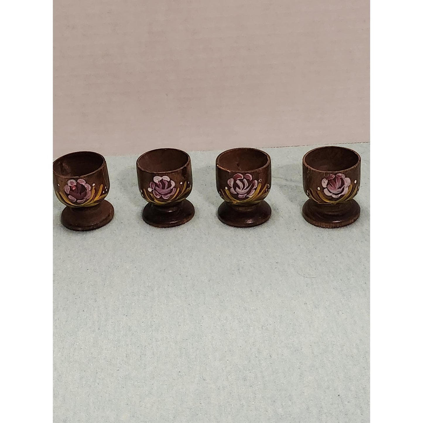 Vintage Hand Painted Wooden Egg Cups Set of 4 Floral Rose Folk Art Kitchenware