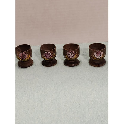 Vintage Hand Painted Wooden Egg Cups Set of 4 Floral Rose Folk Art Kitchenware