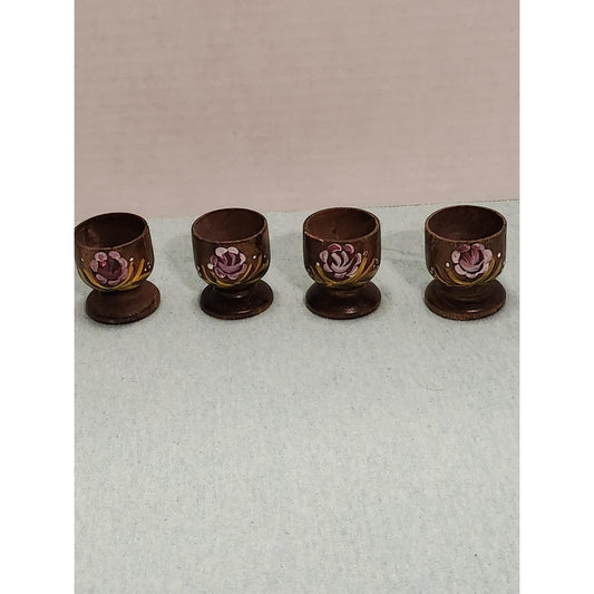 Vintage Hand Painted Wooden Egg Cups Set of 4 Floral Rose Folk Art Kitchenware