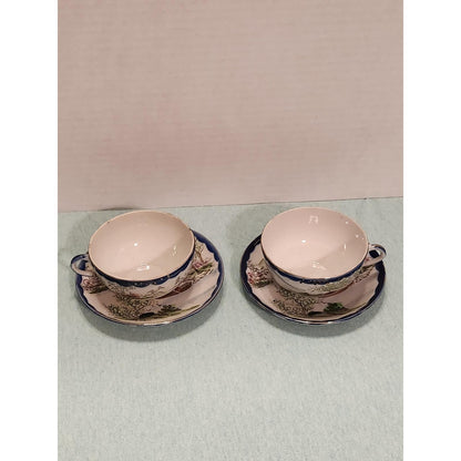 Vintage Hand Painted Japanese Eggshell Porcelain Tea Cup and Saucer Set of 2