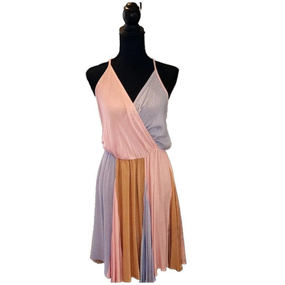 SugarFox Colorblock Ditsy Floral Surplice V-Neck Mini Dress Pink Blue Mustard L