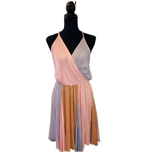 SugarFox Colorblock Ditsy Floral Surplice V-Neck Mini Dress Pink Blue Mustard L
