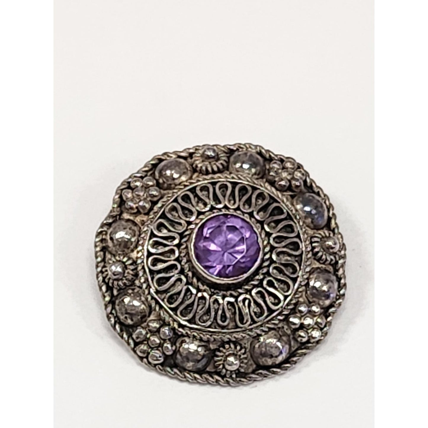 Vintage Silver Tone Purple Rhinestone Clip On Earrings Ornate Filigree Boho Stud