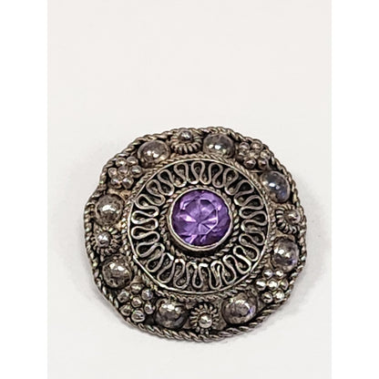 Vintage Silver Tone Purple Rhinestone Clip On Earrings Ornate Filigree Boho Stud