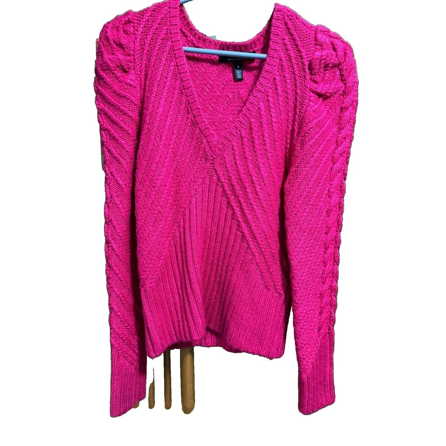 White House Black Market Sweater SM Bright Pink Knit Pullover V-Neck Cable Knit