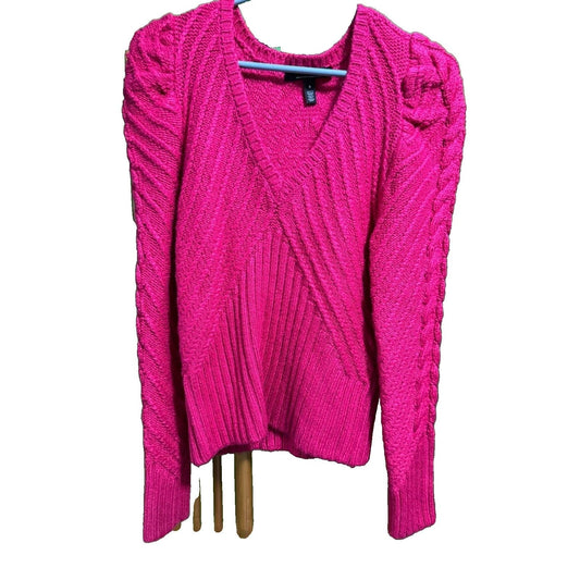 White House Black Market Sweater SM Bright Pink Knit Pullover V-Neck Cable Knit