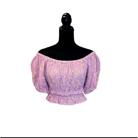 Abound Top Purple Floral Puff Sleeve Square Neck Smocked Waist Peasant Blouse
