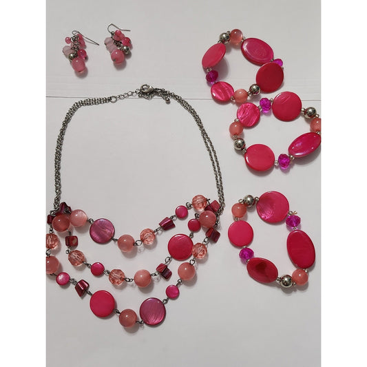 Pink Coral Shell Bead Jewelry Set Necklace 3 Bracelets Earrings Boho 5pc Set