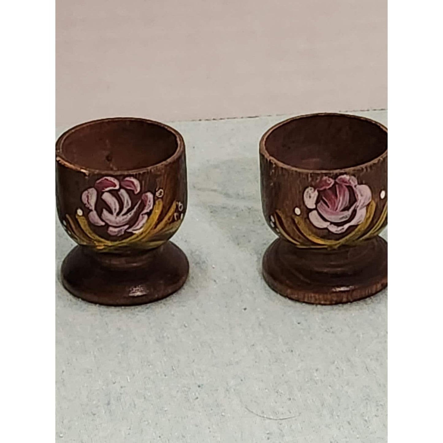 Vintage Hand Painted Wooden Egg Cups Set of 4 Floral Rose Folk Art Kitchenware