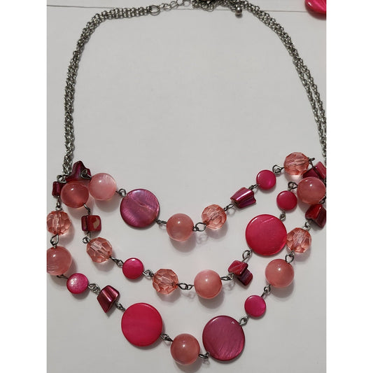 Pink Coral Shell Bead Jewelry Set Necklace 3 Bracelets Earrings Boho 5pc Set