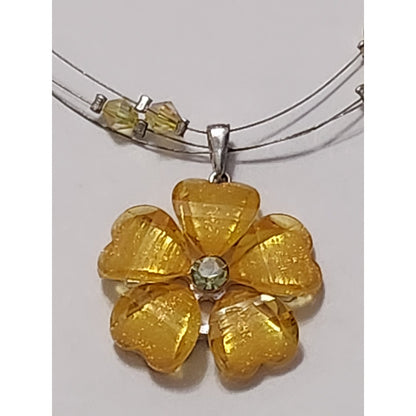 Yellow Floral Jewelry Set Necklace Earrings and Stretch Ring Silver Tone 3pc