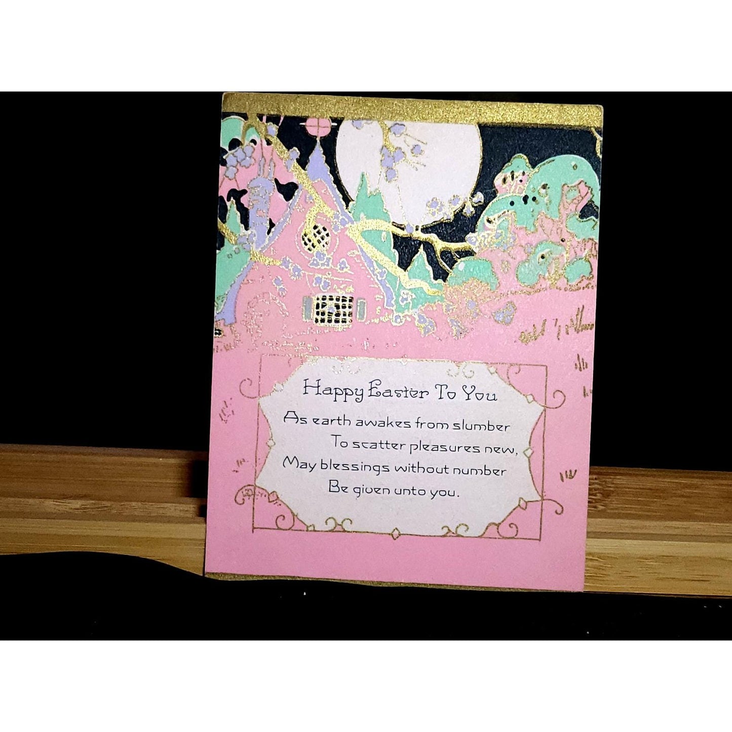 Vintage Easter Greeting Card Gold Foil Cottage Scene Pink Mint Whimsical Unused