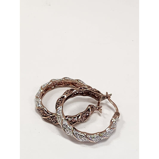 Rose Gold Tone Twisted Pavé Crystal Filigree Hoop Earrings Latch Back Closure