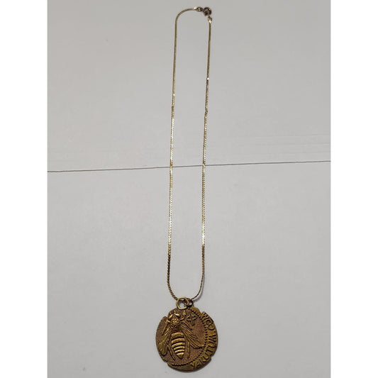 Yakutum Gold Tone Bee Coin Pendant Necklace Vintage Style Medallion Jewelry