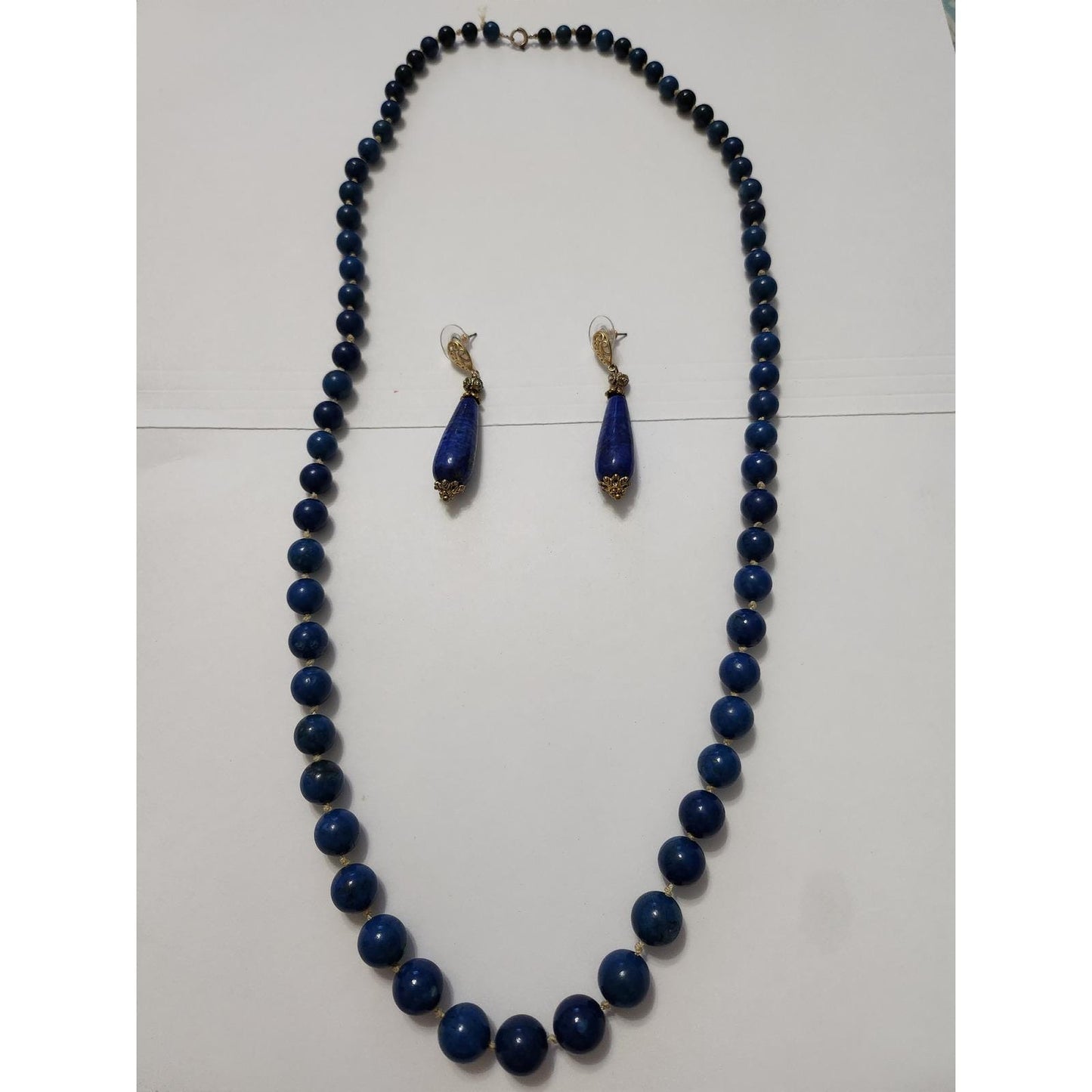Vintage Lapis Lazuli Beaded Necklace Teardrop Earring Set Gold Tone Boho Blue