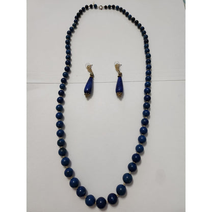 Vintage Lapis Lazuli Beaded Necklace Teardrop Earring Set Gold Tone Boho Blue