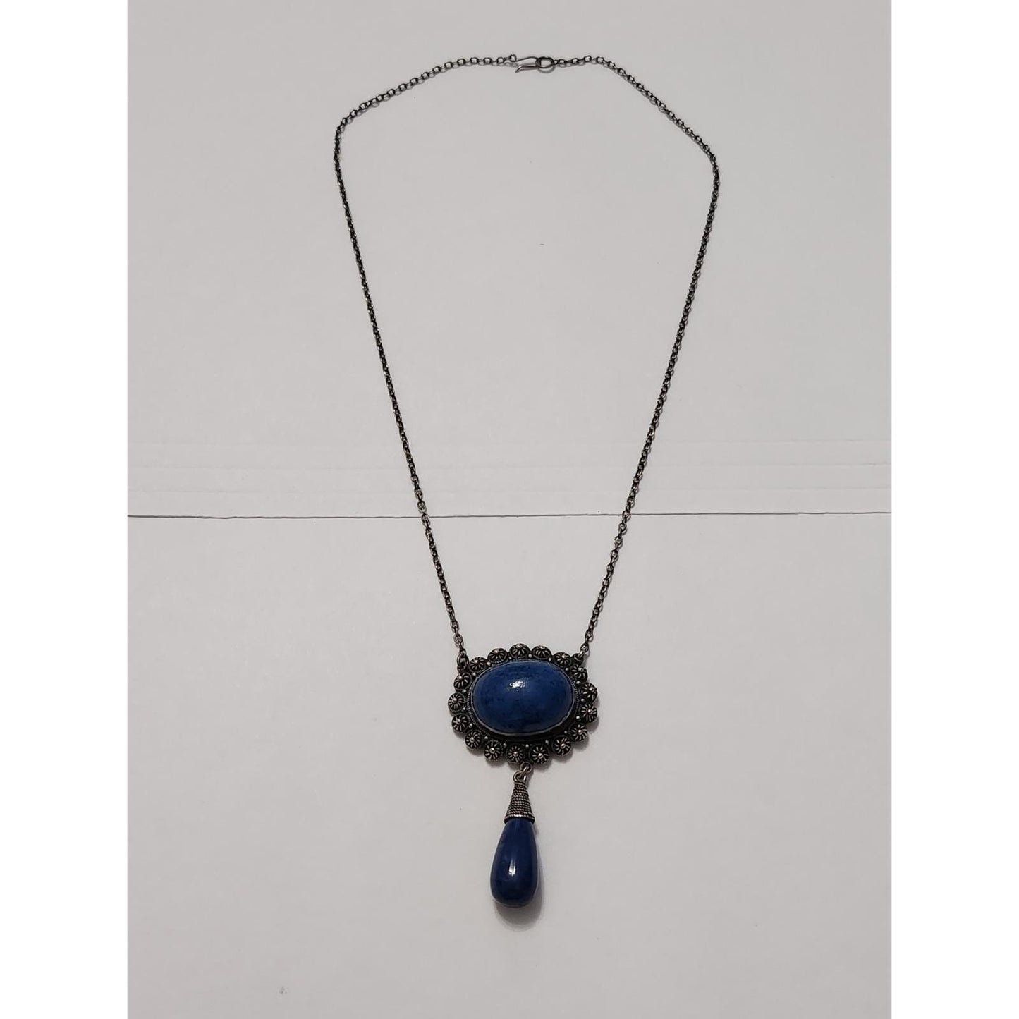 Vintage Blue Lapis Cabochon Pendant Necklace Ornate Silver Filigree Boho Jewelry