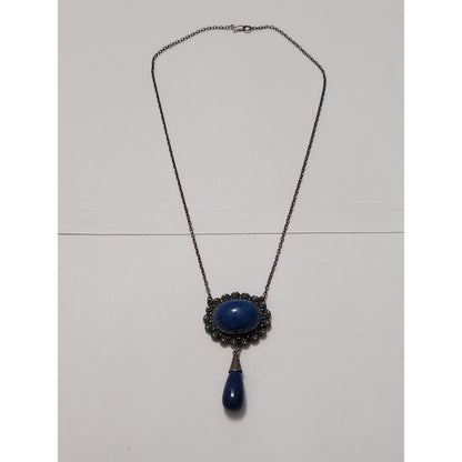 Vintage Blue Lapis Cabochon Pendant Necklace Ornate Silver Filigree Boho Jewelry