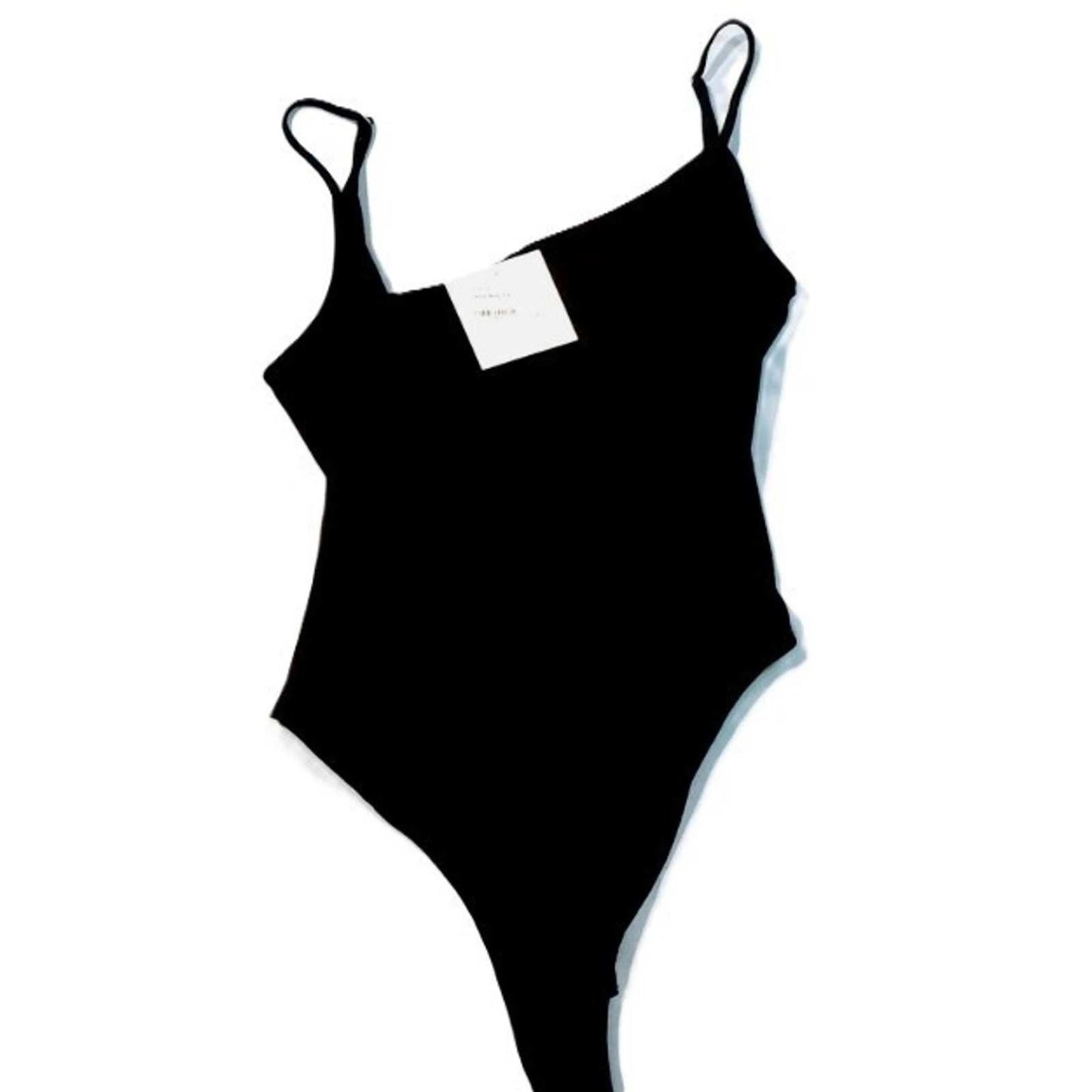 NWT Lush Black Asymmetrical Ruched Bodysuit Cami Top Leotard