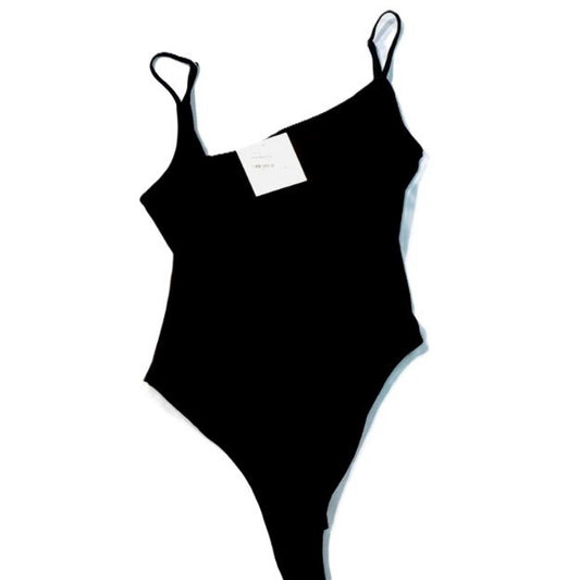 NWT Lush Black Asymmetrical Ruched Bodysuit Cami Top Leotard
