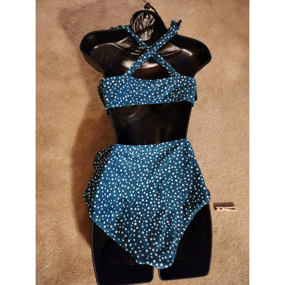 Anna-Kaci Green Polka Dot High Waisted Bikini Set Tie Shoulder Swimsuit NEW